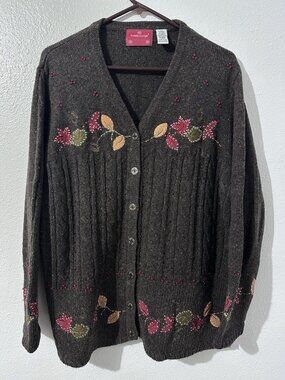 Holiday Lodge Womens 2XL Embroidered Button Cardigan Fall Leaves Cottagecore